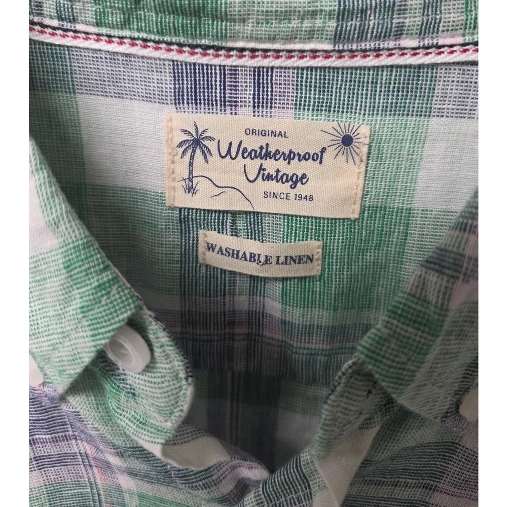 Weatherproof Vintage LINEN Blend Button Down Shirt Men XL Green Plaid Casual EUC